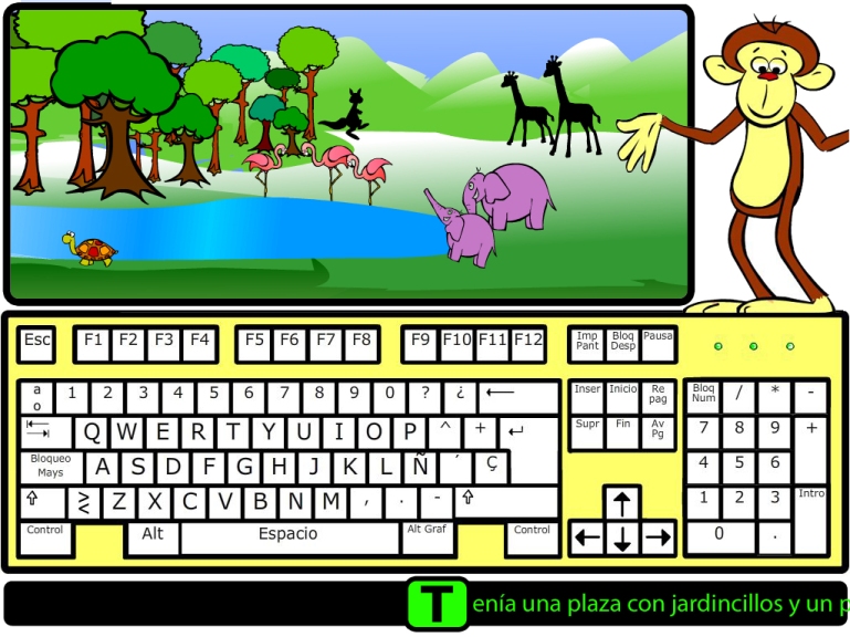 Ventana de ejemplo del program Mekanta en la que aparece el dibujo de una selva con diferentes animales, un mono que es el que dirige las actividades y el dibujo de un teclado mecanográfico.